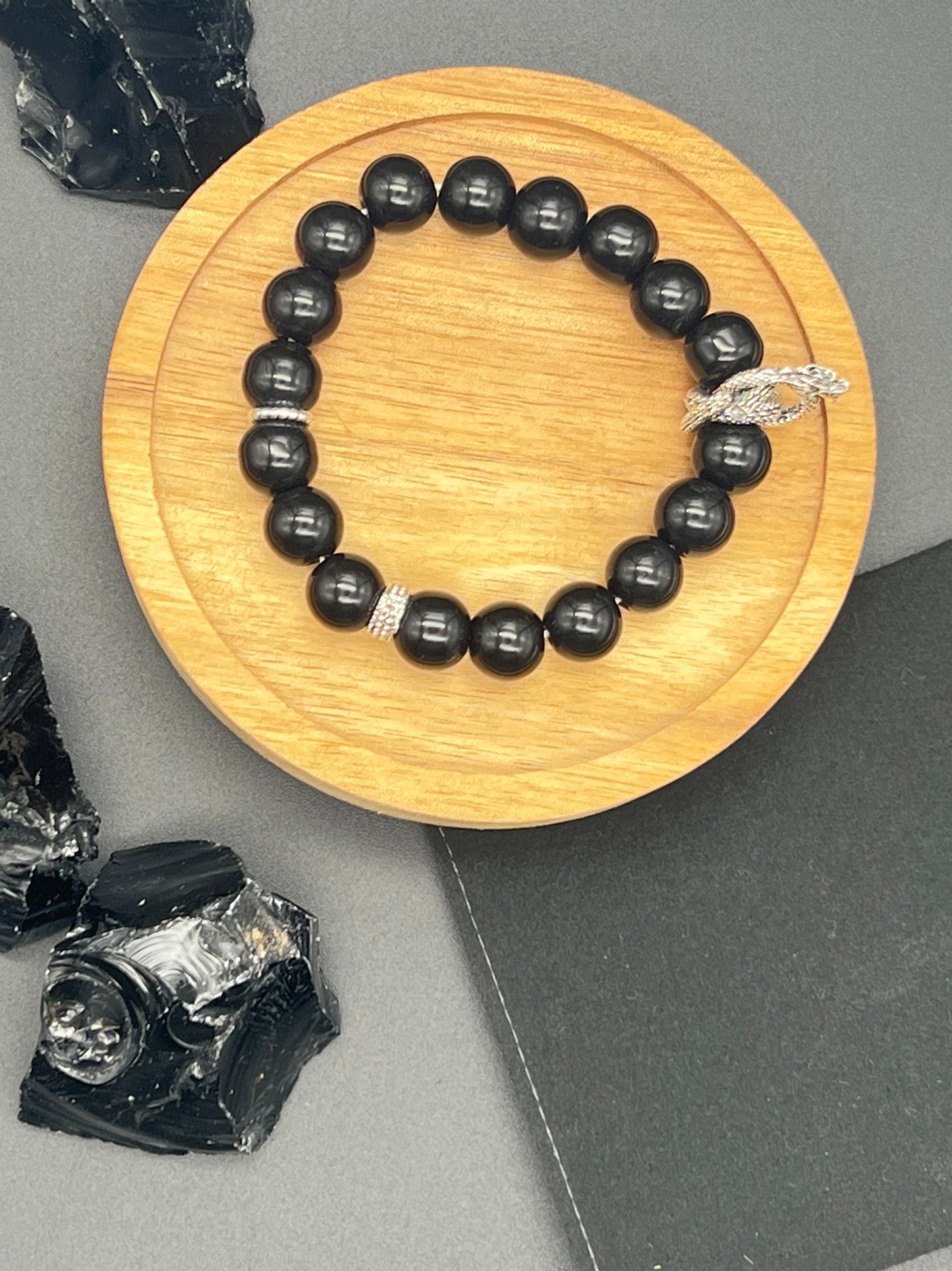 Black Bead Personalized Bracelet with Chinese Style Silver Dragon for Men & Women lucky bracelet | KwangYin