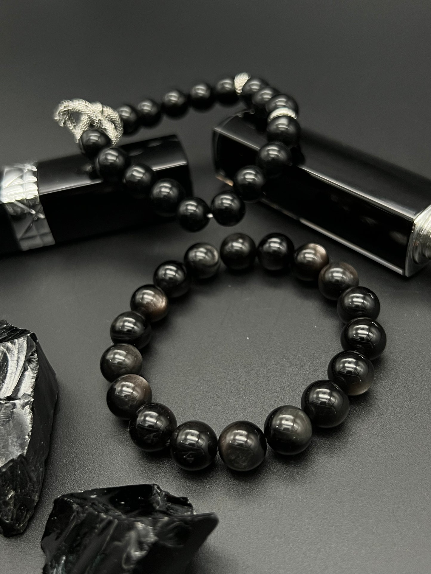 Natural Gemstone Round Bead Bracelet – Healing Silver Obsidian for Women & Men, Luxury Party Jewelry | KwangYin