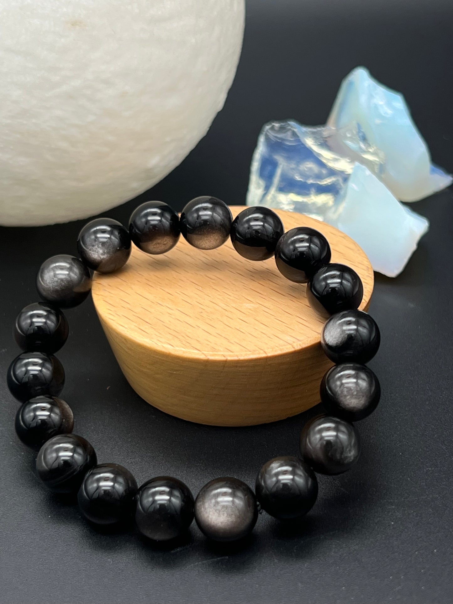 Natural Gemstone Round Bead Bracelet – Healing Silver Obsidian for Women & Men, Luxury Party Jewelry | KwangYin