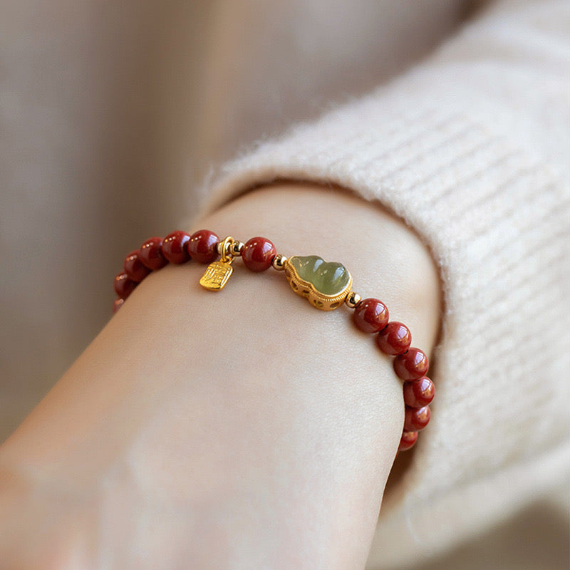Gourd-Shaped Cinnabar Red Bead Bracelet with Gold Accents – Natural Stone Beaded Bracelet for Women, Party Gift | KwangYin