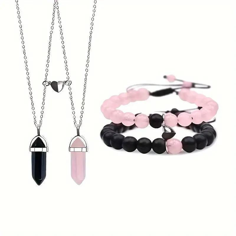 Magnetic Couple Bracelet & Hexagonal Pendant Necklace Set – Natural Turquoise Beaded Bracelets for Men & Women, Adjustable | KwangYin