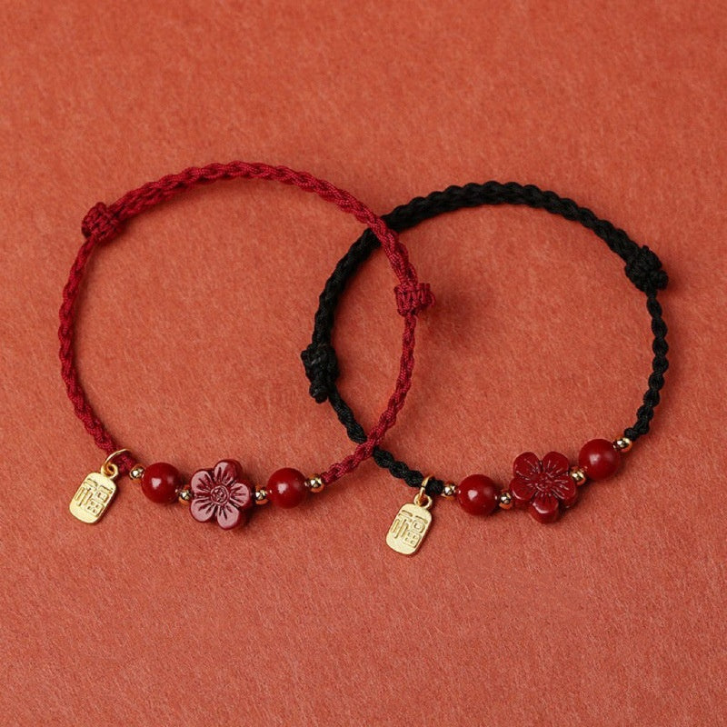 Adjustable Red Flower Cinnabar Couple Bracelet – Handwoven Lucky Love Charm Jewelry | KwangYin