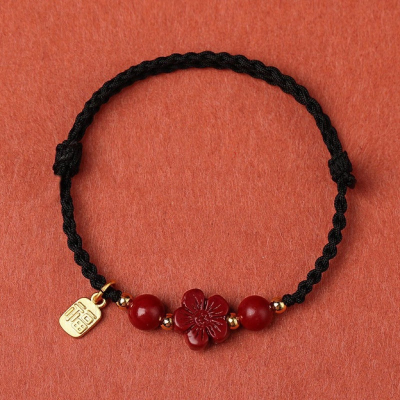 Adjustable Red Flower Cinnabar Couple Bracelet – Handwoven Lucky Love Charm Jewelry | KwangYin