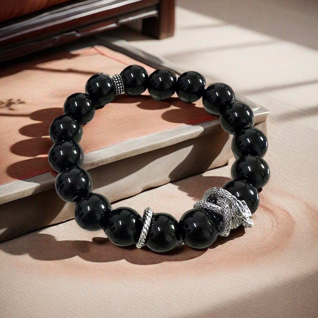 Black Bead Personalized Bracelet with Chinese Style Silver Dragon for Men & Women lucky bracelet | KwangYin