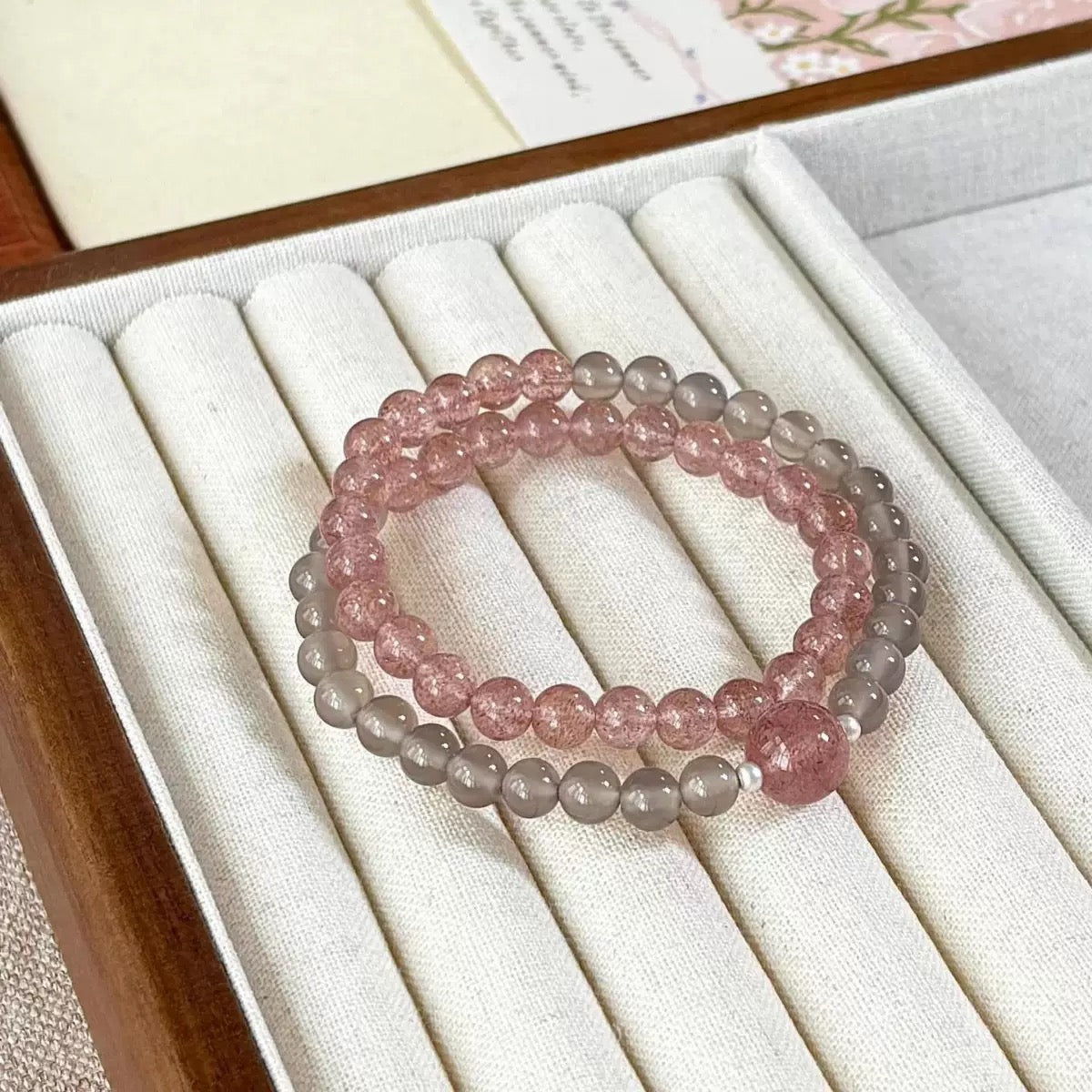 Natural Strawberry Quartz & Gray Agate Bracelet – Love & Elegance- Gift for Women-KwangYin