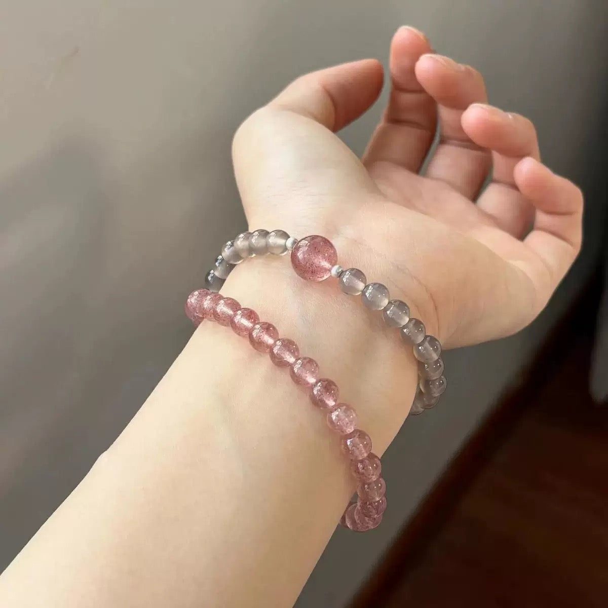 Natural Strawberry Quartz & Gray Agate Bracelet – Love & Elegance- Gift for Women-KwangYin