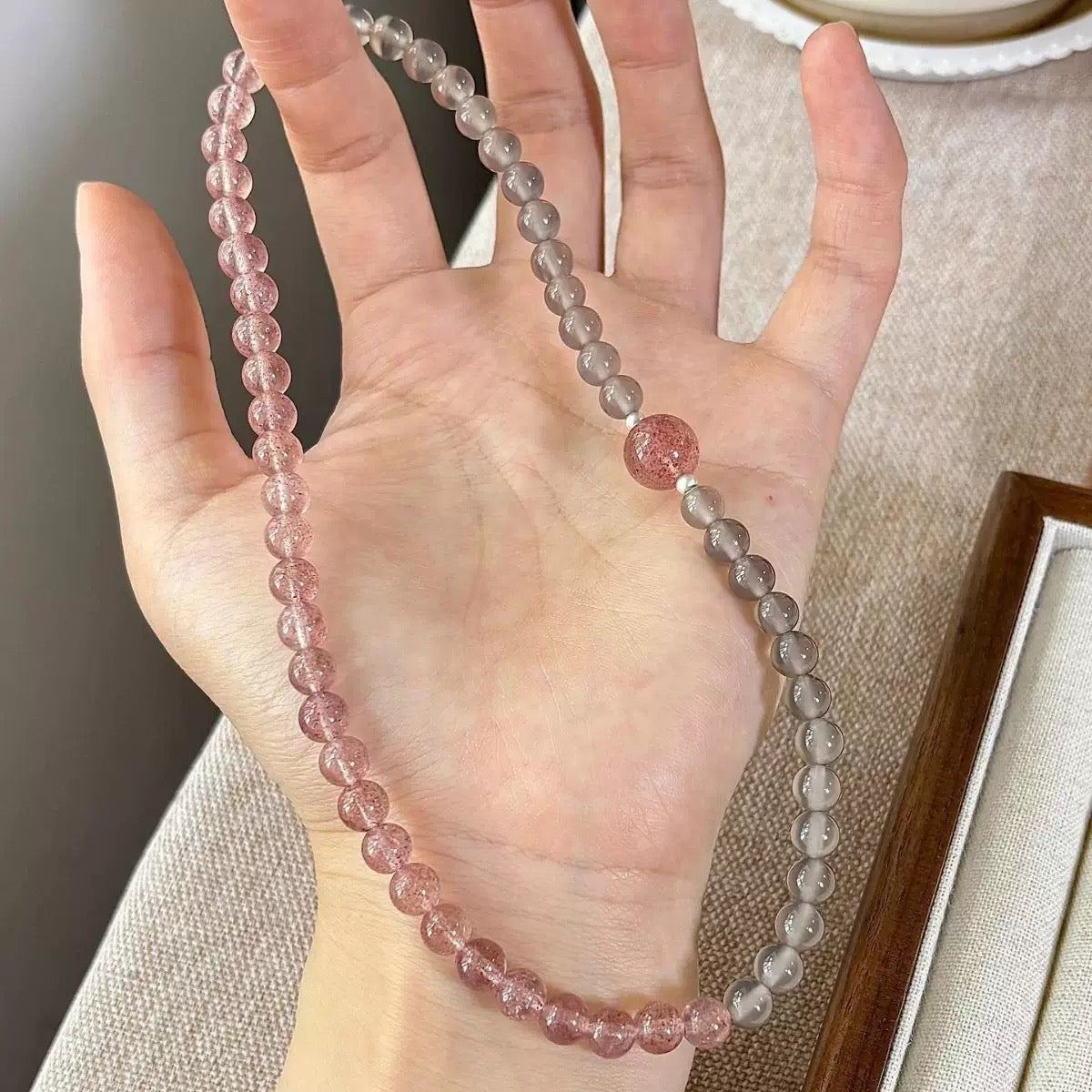 Natural Strawberry Quartz & Gray Agate Bracelet – Love & Elegance- Gift for Women-KwangYin
