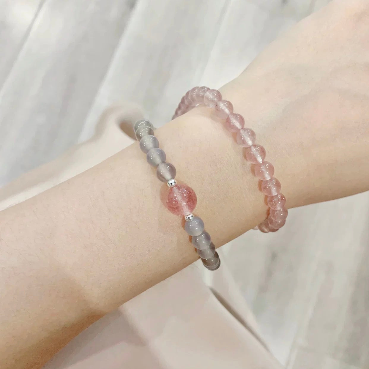 Natural Strawberry Quartz & Gray Agate Bracelet – Love & Elegance- Gift for Women-KwangYin