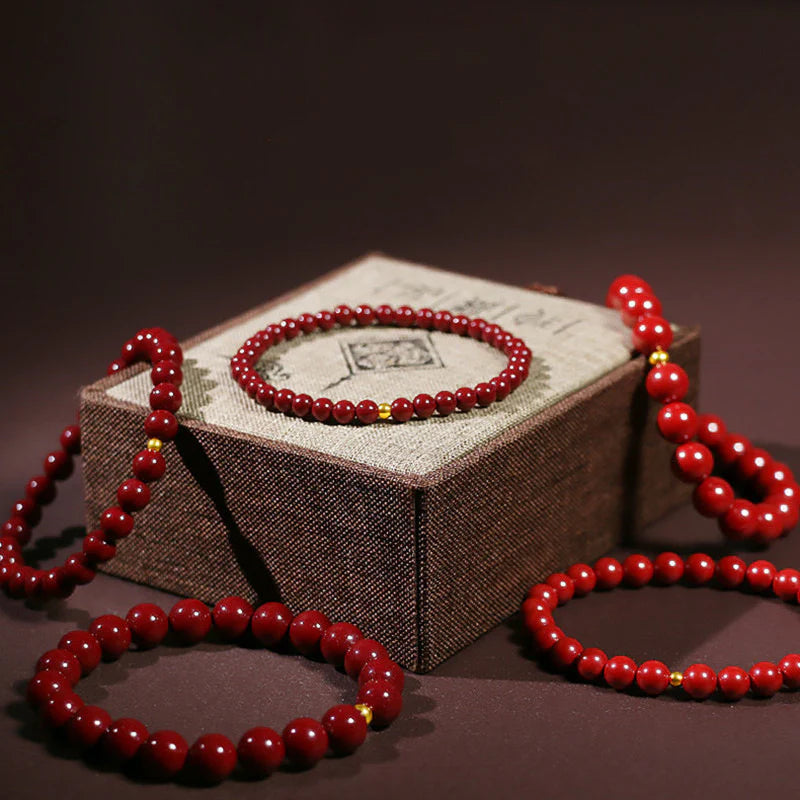 Lucky Cinnabar Red Gold Beads Bracelet – Natural Stone Beaded Bracelet for Women, Good Luck & Prosperity Gift Jewelry | KwangYin