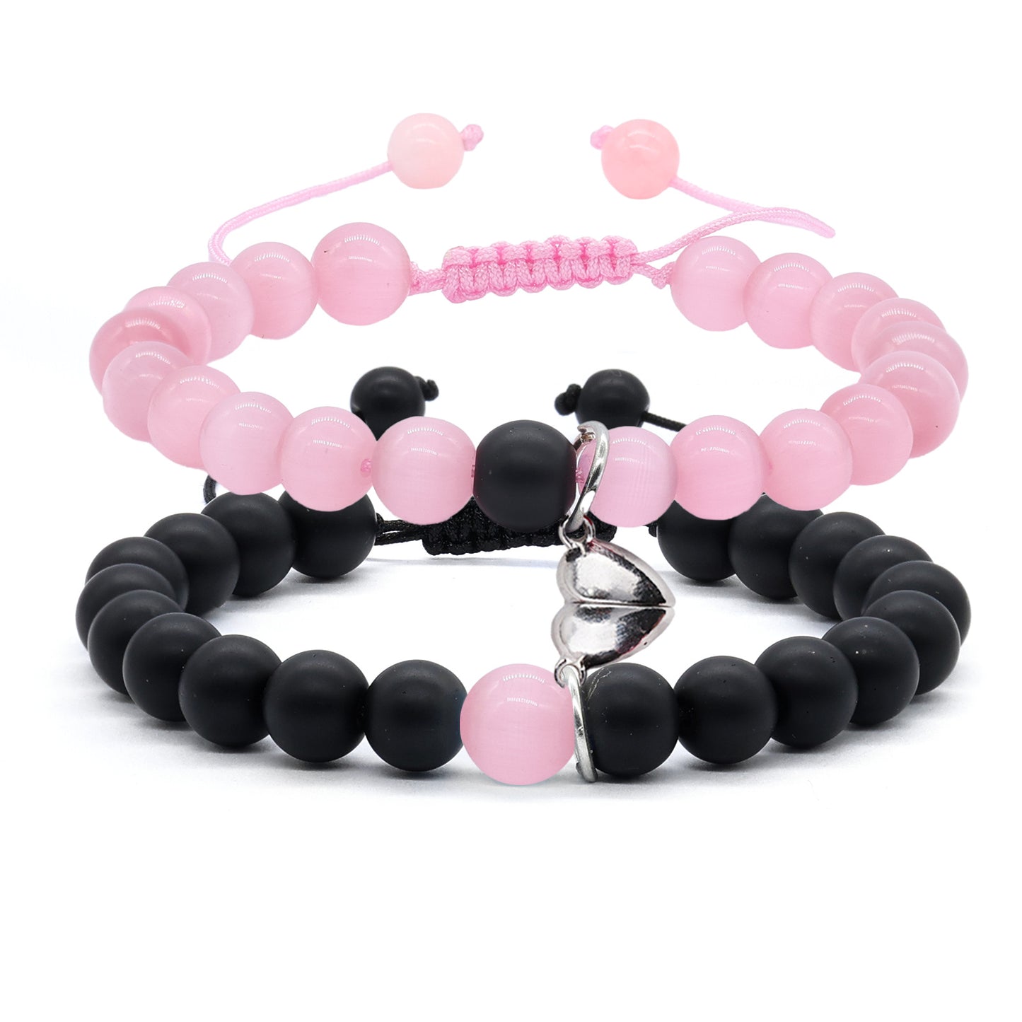 Magnetic Bead Bracelet Set for Lovers – Natural Pink Quartz & Lava Stone, Heart Design, Adjustable | KwangYin