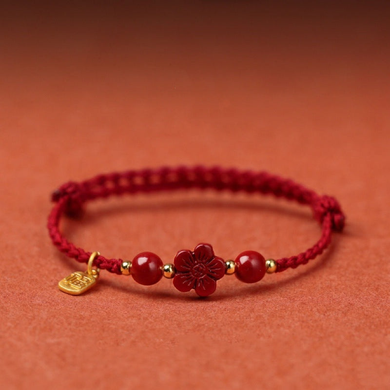 Adjustable Red Flower Cinnabar Couple Bracelet – Handwoven Lucky Love Charm Jewelry | KwangYin