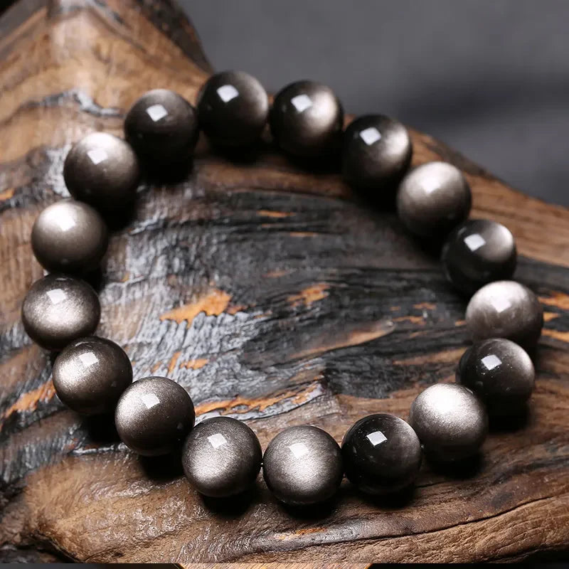 Natural Gemstone Round Bead Bracelet – Healing Silver Obsidian for Women & Men, Luxury Party Jewelry | KwangYin
