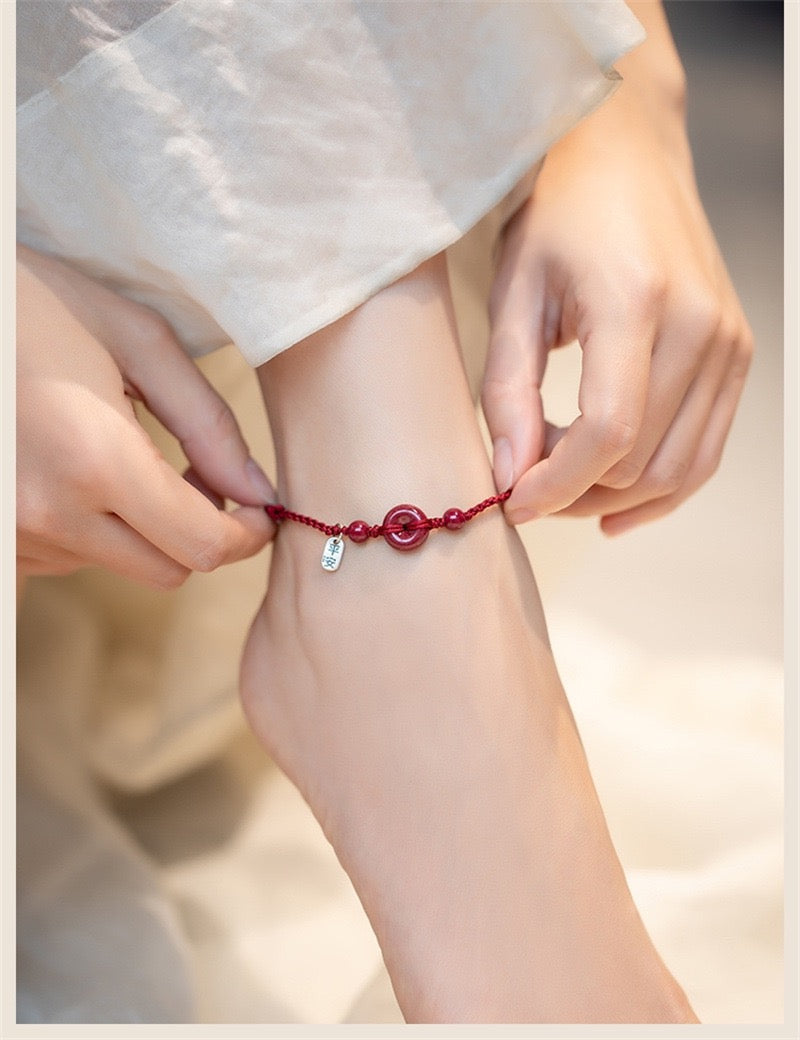 Handmade Cinnabar Peace Buckle Bracelet – Natural Gemstone Protection Jewelry, Safe & Healthy Charm Blessing | KwangYin