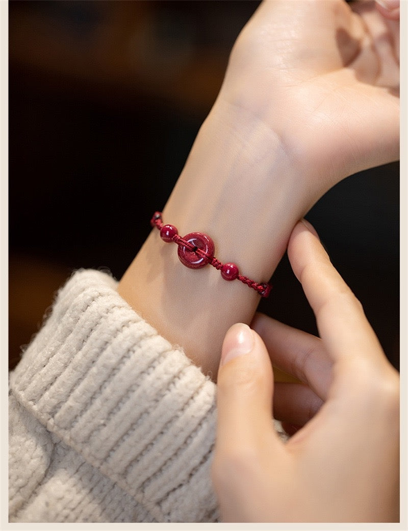 Handmade Cinnabar Peace Buckle Bracelet – Natural Gemstone Protection Jewelry, Safe & Healthy Charm Blessing | KwangYin