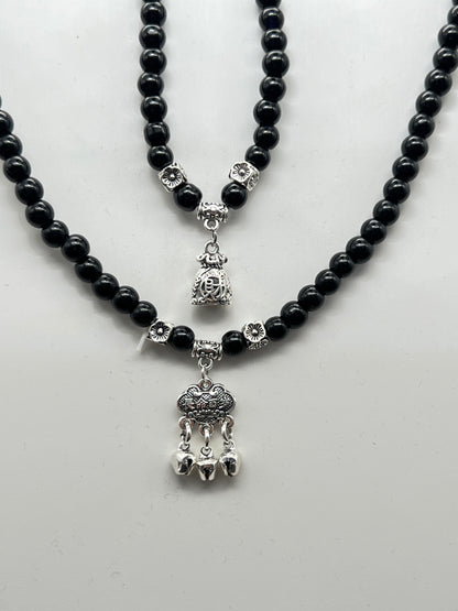 Black Obsidian with Longevity lock & Lucky Bag Necklace