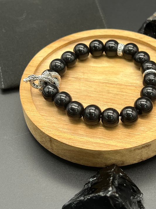 Black Obsidian with silver dragon Bracelet