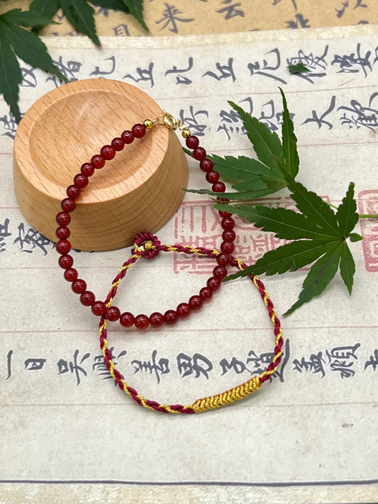 Red agate bracelet & Red braided with gold thread bracelet