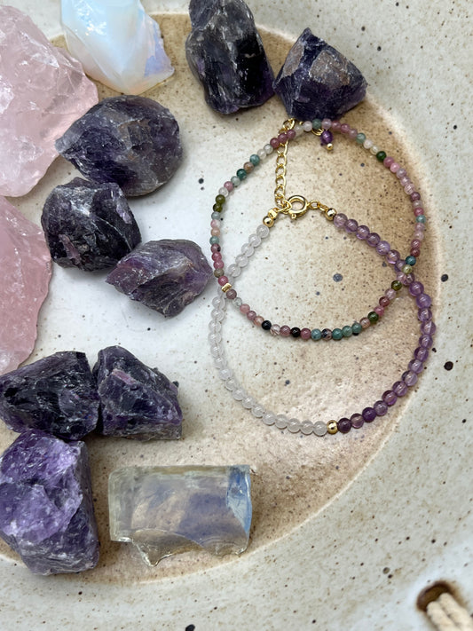 Amethyst and White crystal bracelet & Rainbow tourmaline bracelet