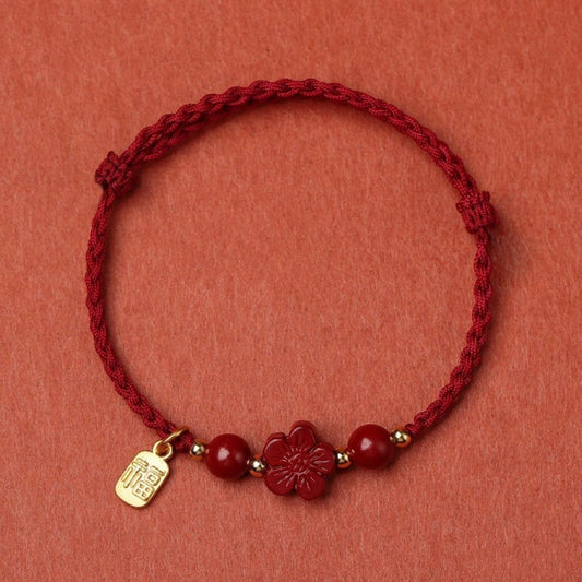 Adjustable Red Flower Cinnabar Couple Bracelet – Handwoven Lucky Love Charm Jewelry | KwangYin