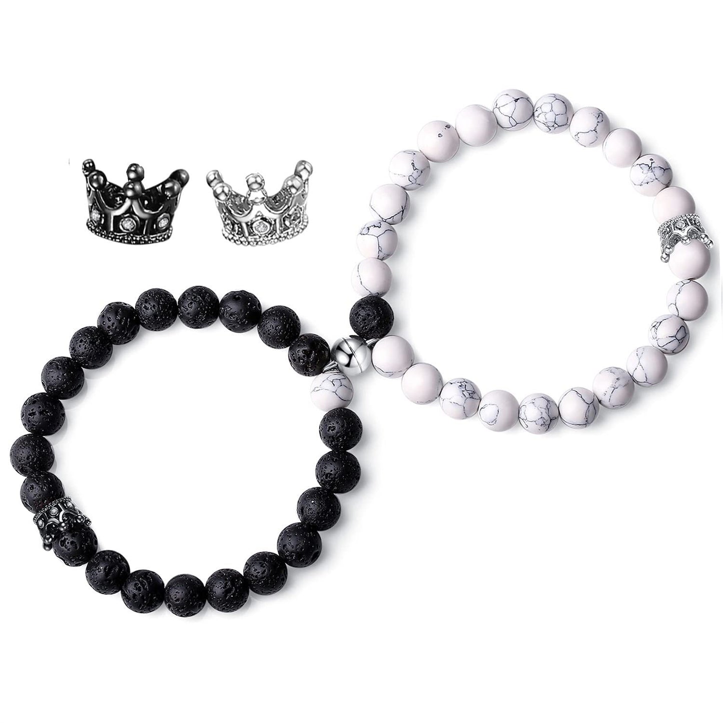 2PCS Couple Magnetic Bracelet Set – Heart Energy Stone Beads with King & Queen Crown Design, Perfect for Valentine’s Day | KwangYin