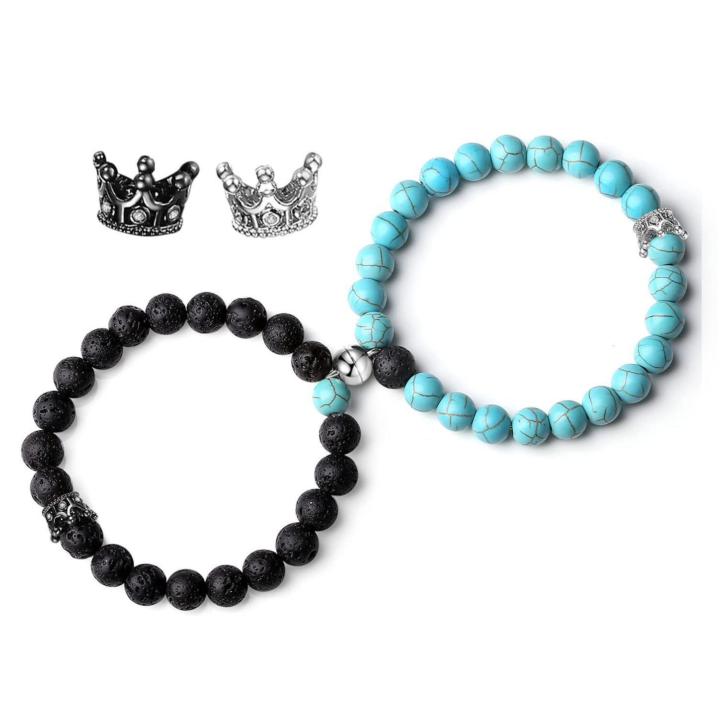 2PCS Couple Magnetic Bracelet Set – Heart Energy Stone Beads with King & Queen Crown Design, Perfect for Valentine’s Day | KwangYin