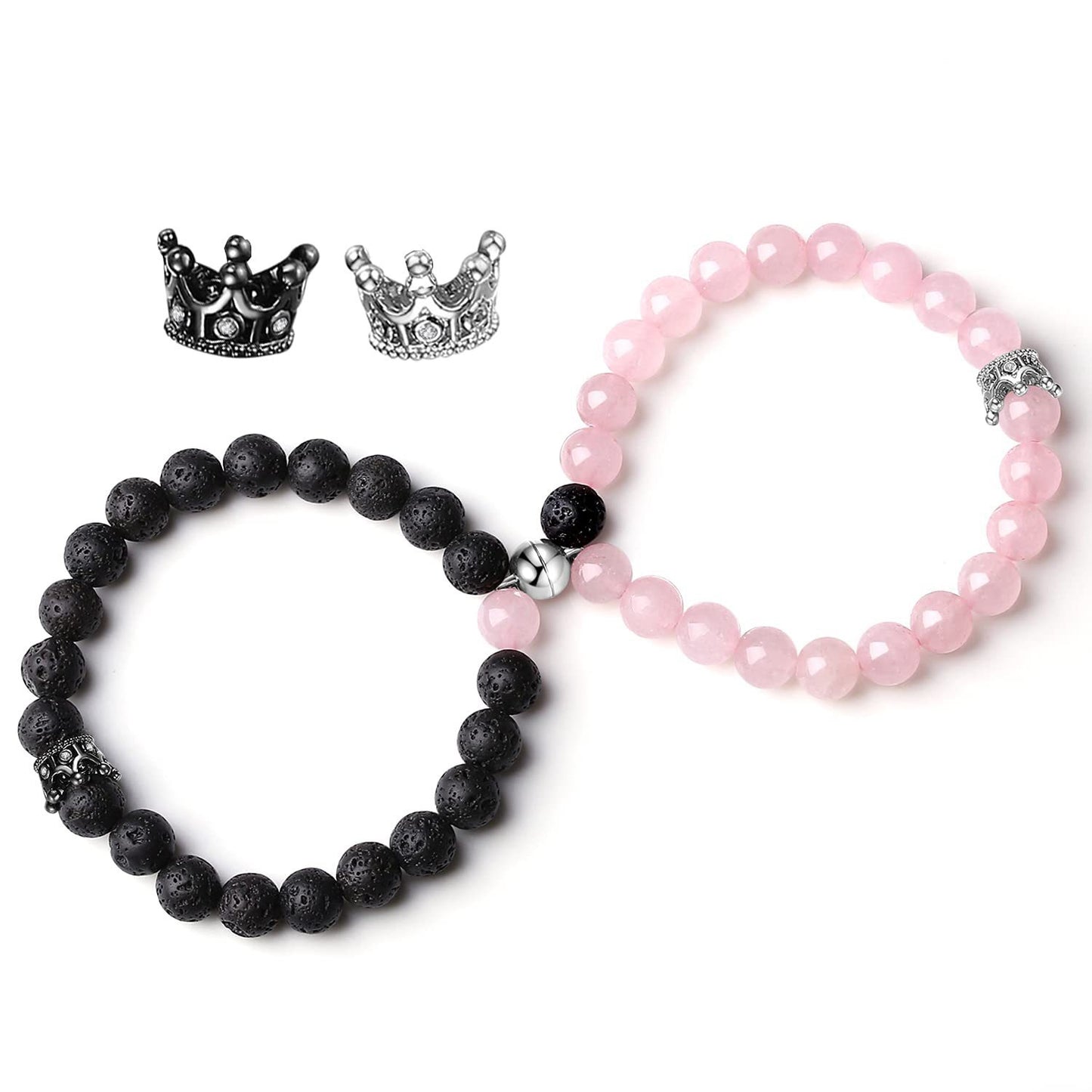 2PCS Couple Magnetic Bracelet Set – Heart Energy Stone Beads with King & Queen Crown Design, Perfect for Valentine’s Day | KwangYin