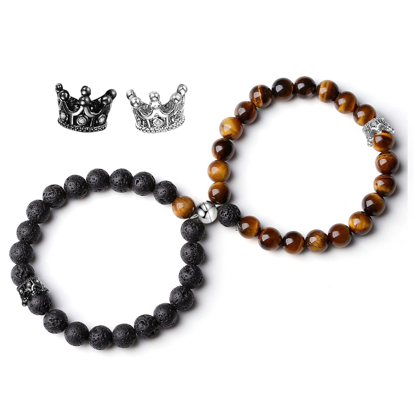 2PCS Couple Magnetic Bracelet Set – Heart Energy Stone Beads with King & Queen Crown Design, Perfect for Valentine’s Day | KwangYin