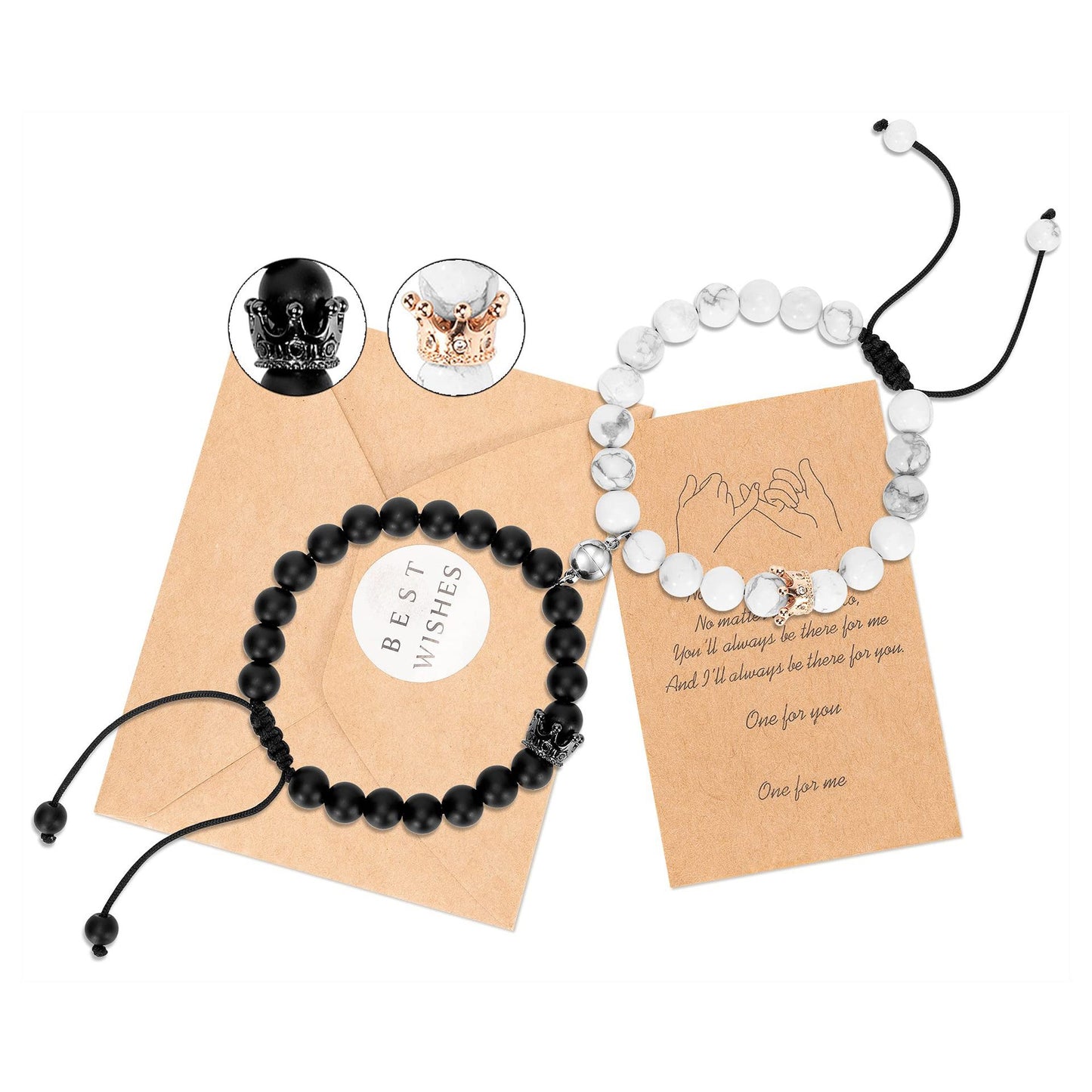 2PCS Couple Magnetic Bracelet Set – Heart Energy Stone Beads with King & Queen Crown Design, Perfect for Valentine’s Day | KwangYin