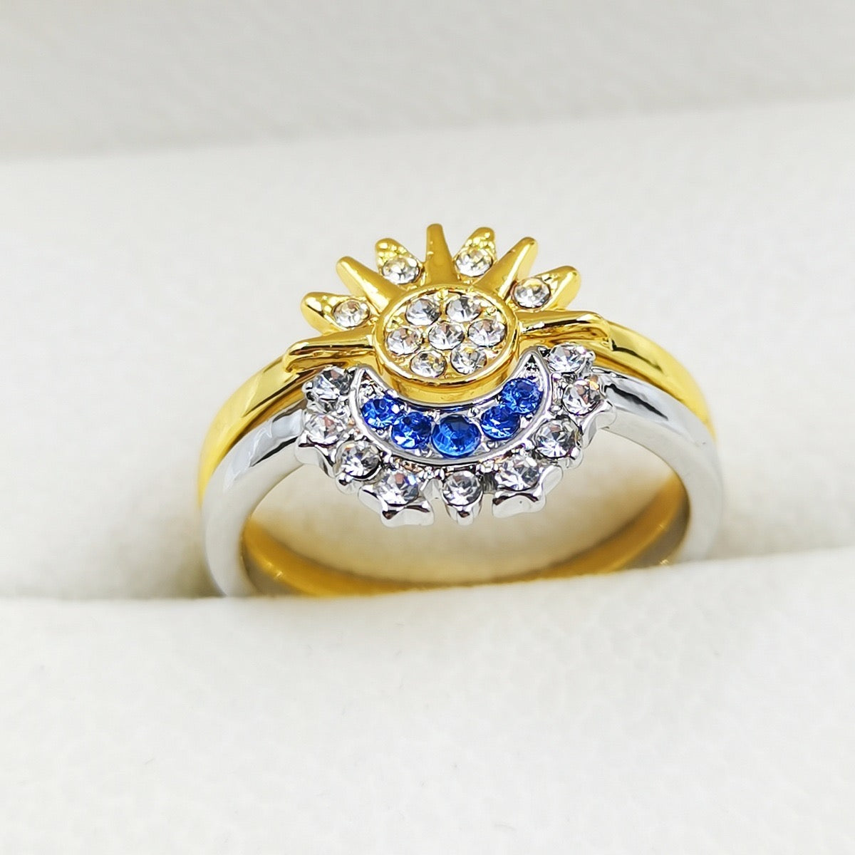 Celestial Blue Sun & Moon Stackable Ring Set with Diamond Accents – Simple & Elegant Promise Rings for Valentine’s Day | KwangYin