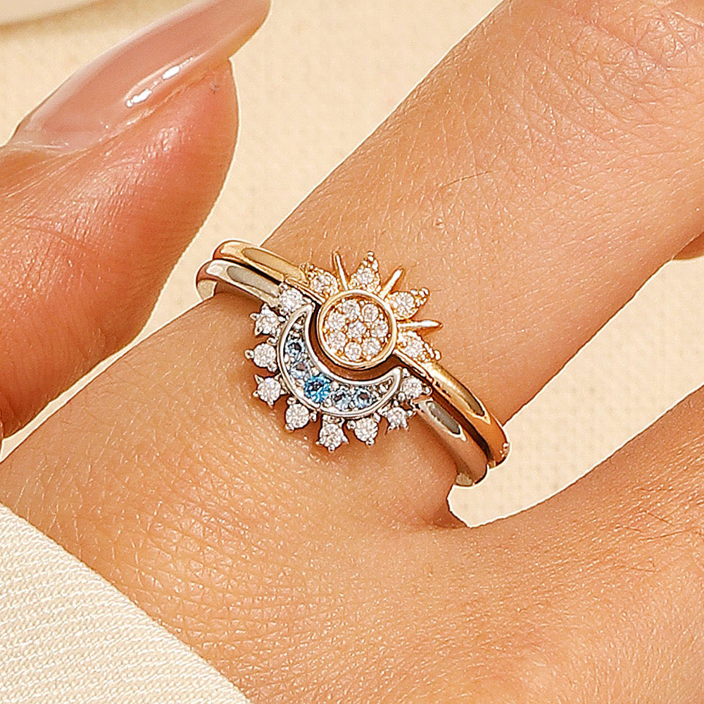 Celestial Blue Sun & Moon Stackable Ring Set with Diamond Accents – Simple & Elegant Promise Rings for Valentine’s Day | KwangYin