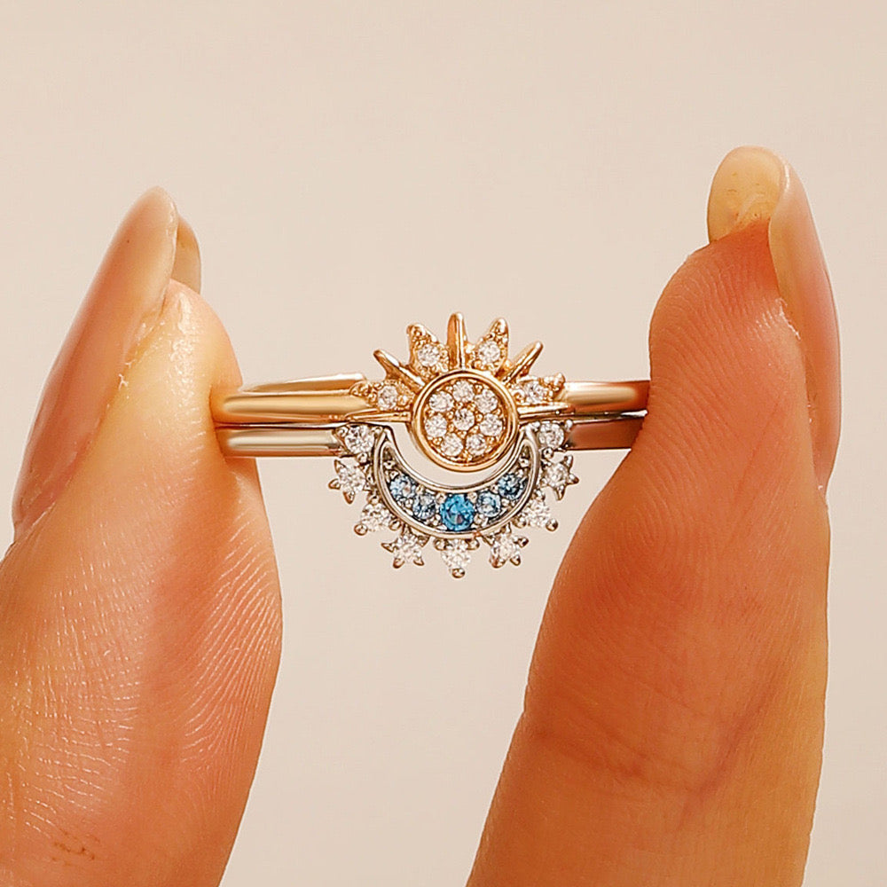 Celestial Blue Sun & Moon Stackable Ring Set with Diamond Accents – Simple & Elegant Promise Rings for Valentine’s Day | KwangYin