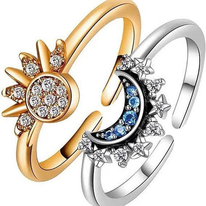 Celestial Blue Sun & Moon Stackable Ring Set with Diamond Accents – Simple & Elegant Promise Rings for Valentine’s Day | KwangYin