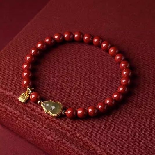 Gourd-Shaped Cinnabar Red Bead Bracelet with Gold Accents – Natural Stone Beaded Bracelet for Women, Party Gift | KwangYin