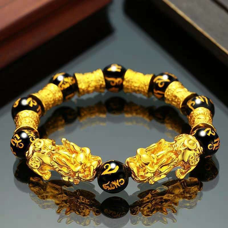 Kwangyin Buddha Stones Double Pixiu Obsidian Wealth Bracelet with Double Happiness and Wealth, suitable for both men and women, Father's Day Gift