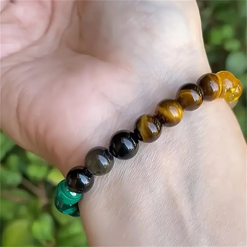 Natural Stone Bracelet – Green Malachite & Tiger Eye Beads, Attract Good Luck, Money & Health for Women & Men | KwangYin