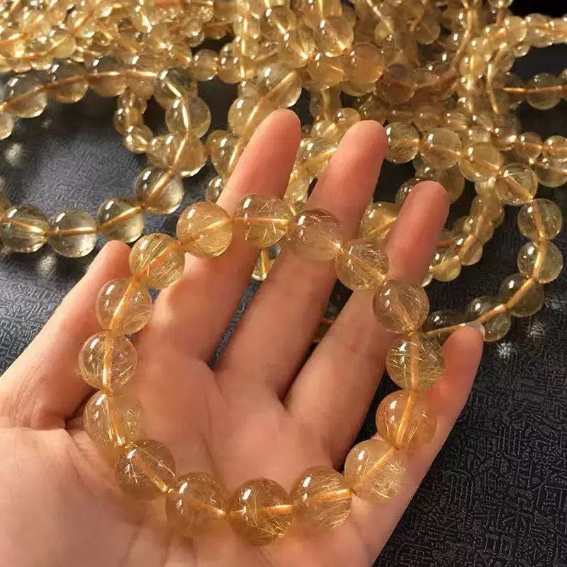 Natural Ice Gold Rutilated Quartz Bead Bracelet – Healing Crystal Jewelry for Women｜KwangYin