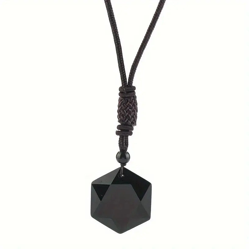 Black Obsidian Hexagram Pendant Necklace – Star of David Lucky Amulet for Men, Natural Quartz Crystal Jewelry | KwangYin