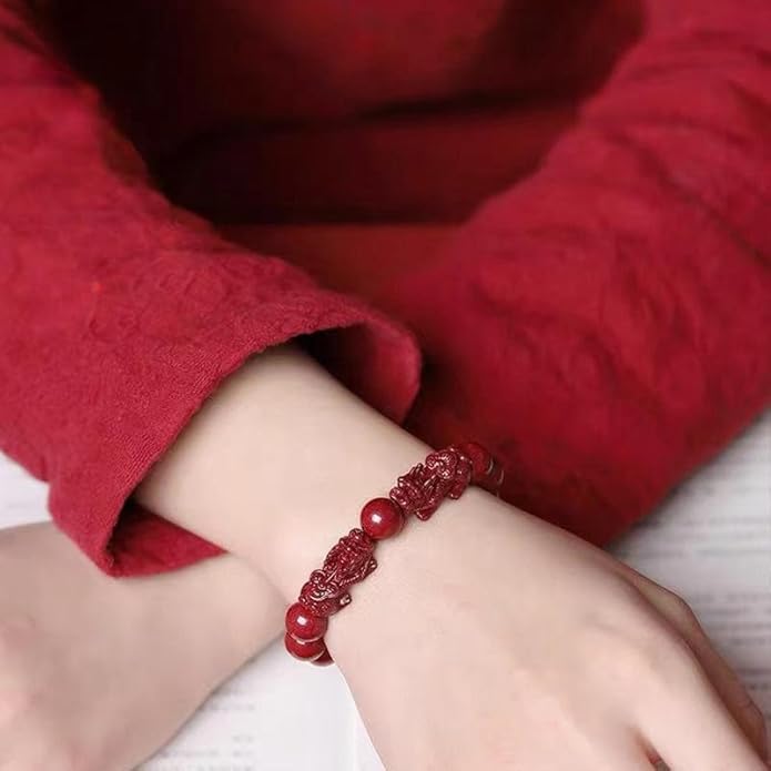 Feng Shui Cinnabar Bead Bracelet –  Natural Mercury Crystal, Lucky Wealth Protection, Hand String, Pixiu Carved Vintage Bangles | KwangYin