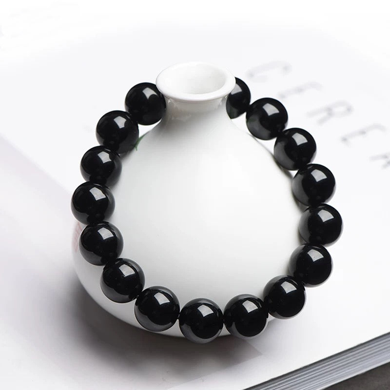 Natural Onyx Bracelet – Shiny Black Obsidian Stone for Men, Handmade Yoga & Meditation Jewelry | KwangYin