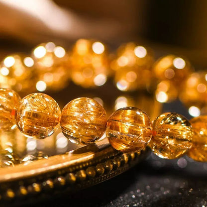 Natural Ice Gold Rutilated Quartz Bead Bracelet – Healing Crystal Jewelry for Women｜KwangYin